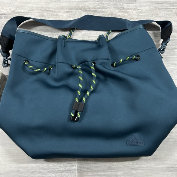 $90 Adidas Favorite‎ Tote Bag HY3005 Navy Arctic Night Neon Green Drawstring NWT - Picture 1 of 10